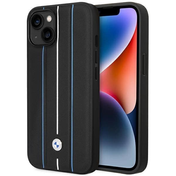 Cover BMW BMHCP14S22RVSK iPhone 14 6,1\" sort/sort Hardcase Læder Stempel Blå Linjer