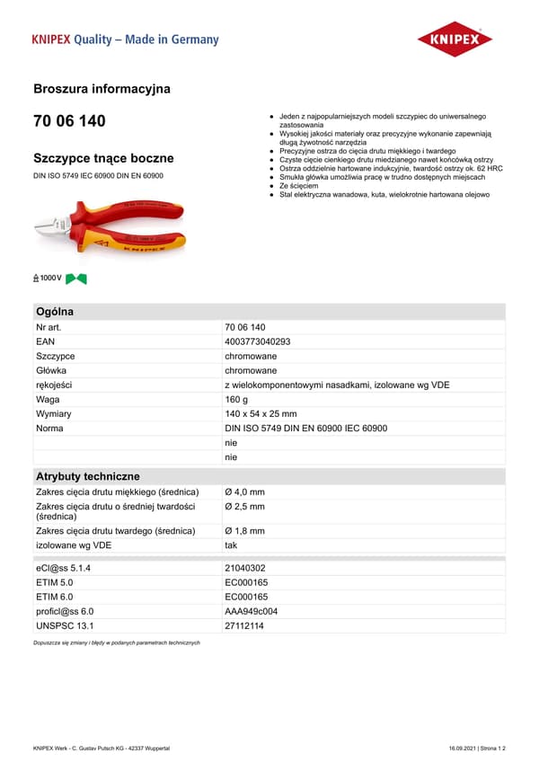 Pihdit Knipex 54 x 25 x 140 mm