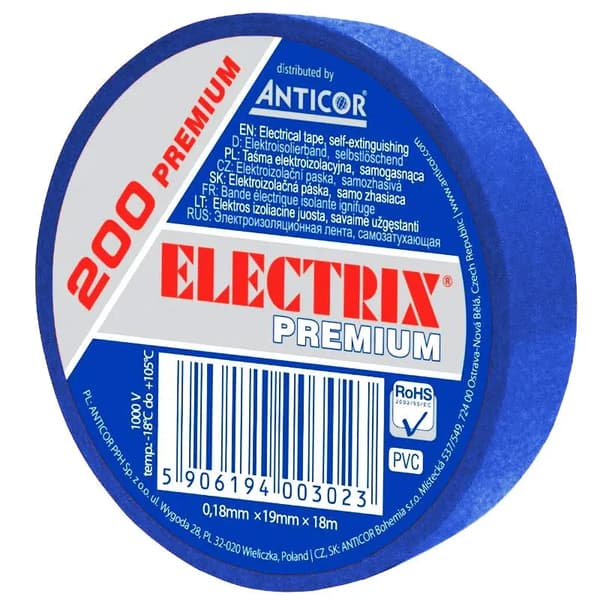 Electrix 200 PREMIUM 19x18 blå isoleringstejp resistent mot -18 grader C