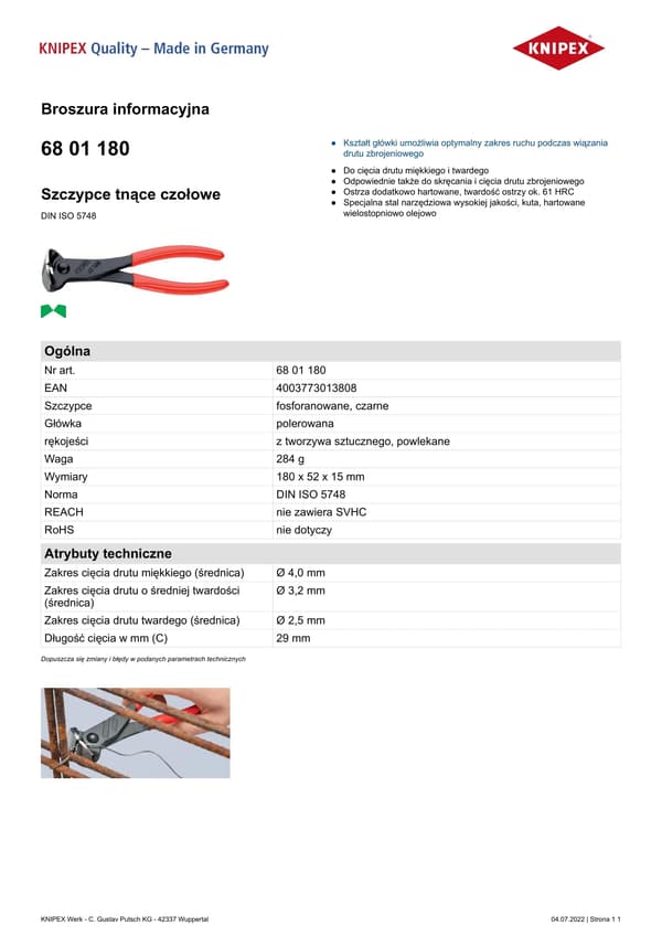 Knipex otsarepäispihdit 180mm (68 01 180)
