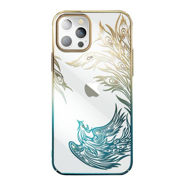 Luksuriøst iPhone 14 Plus-cover med Kingxbar Phoenix-krystaller – Guld og Blå