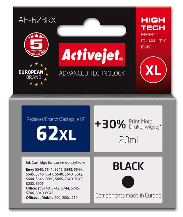 Activejet AH-62BRX (erstatning for HP 62XL C2P05AE; Premium; 20 ml; sort)