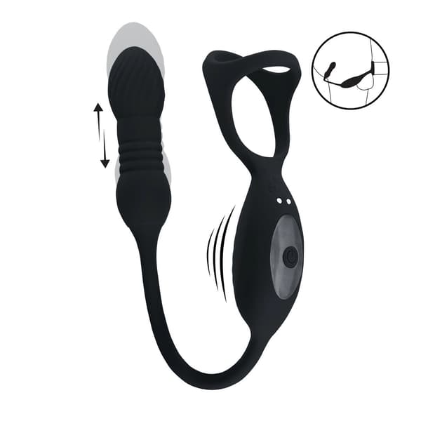 Vibrerende og stødende silikone Tri O Cockring med prostatastimulator - Sort