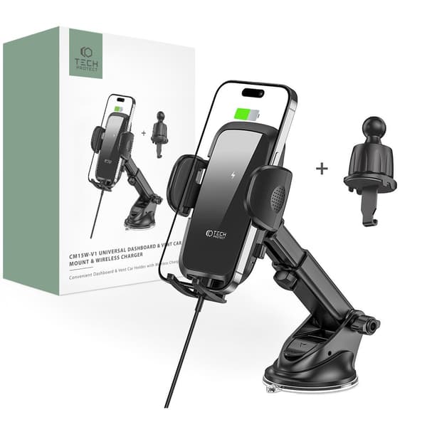 TECH-PROTECT CM15W-V1 DASHBOARD & VENT BILHOLDER TRÅDLØS OPLADER 15W SORT