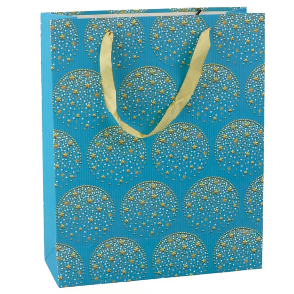 Elegant gavepose guldstjerner blå 32 x 26 x 12 cm