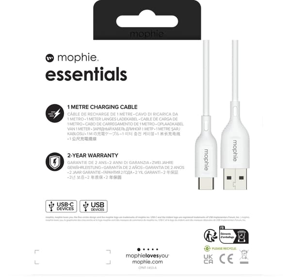 Mophie Essentials USB-A / USB-C-kabel 1m vit
