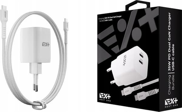 NEXT ONE Hurtig 35W GaN 2xUSB-C oplader med USB-C kabel hvid