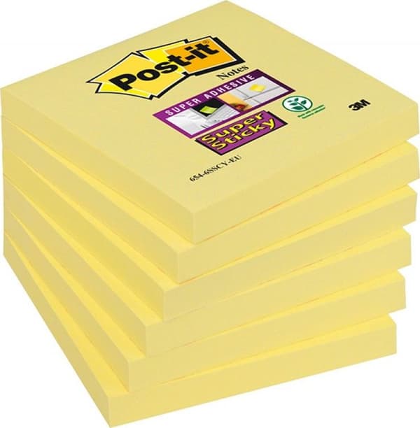Post-it Sticky Notes POST-IT Super Sticky (654-6SSCY-EU), 76x76mm, 1x90 kort, gul