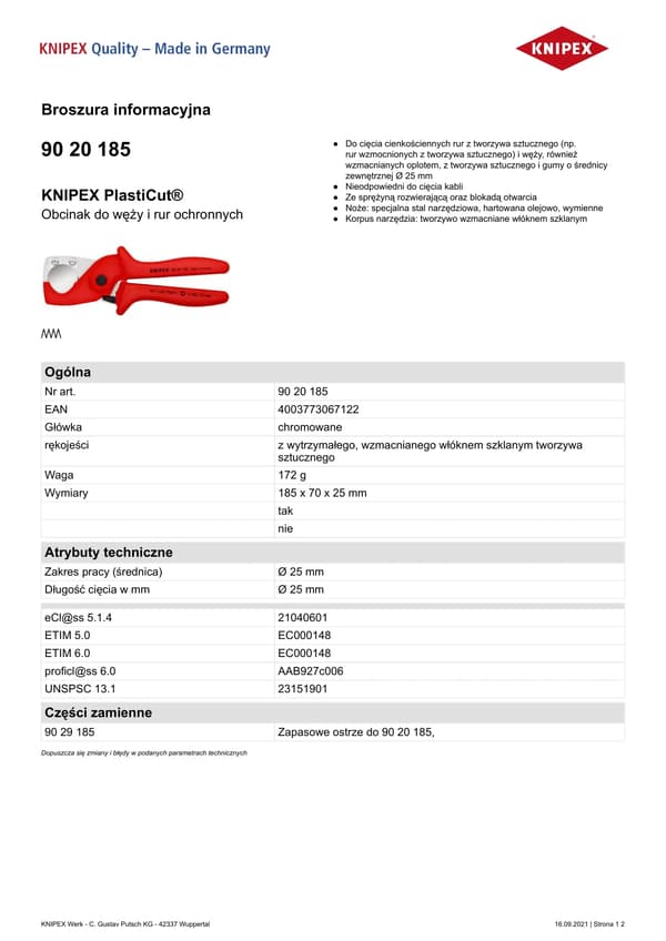 KNIPEX Putkileikkuri 185 mm