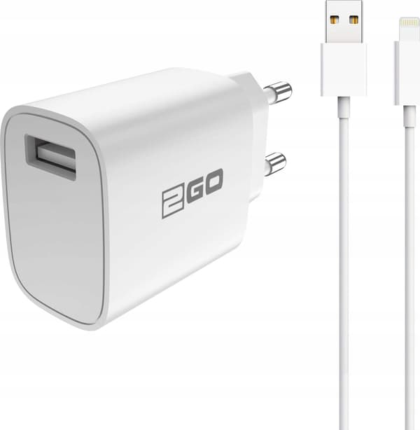2GO Lightning 10.5W 1x USB-A laturi kaapelilla - valkoinen