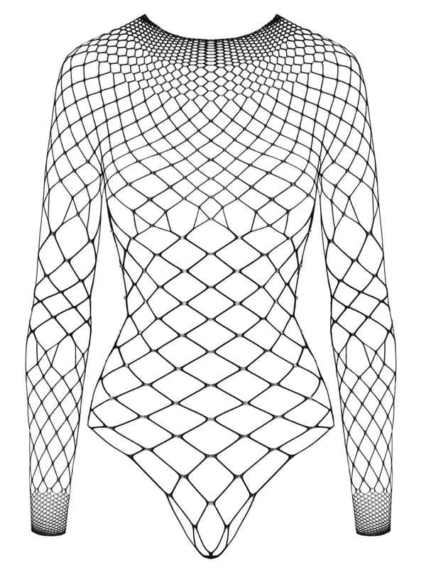 Cottelli FANTASY S-L Sort Net Bodysuit med Rhinestones, Langærmet
