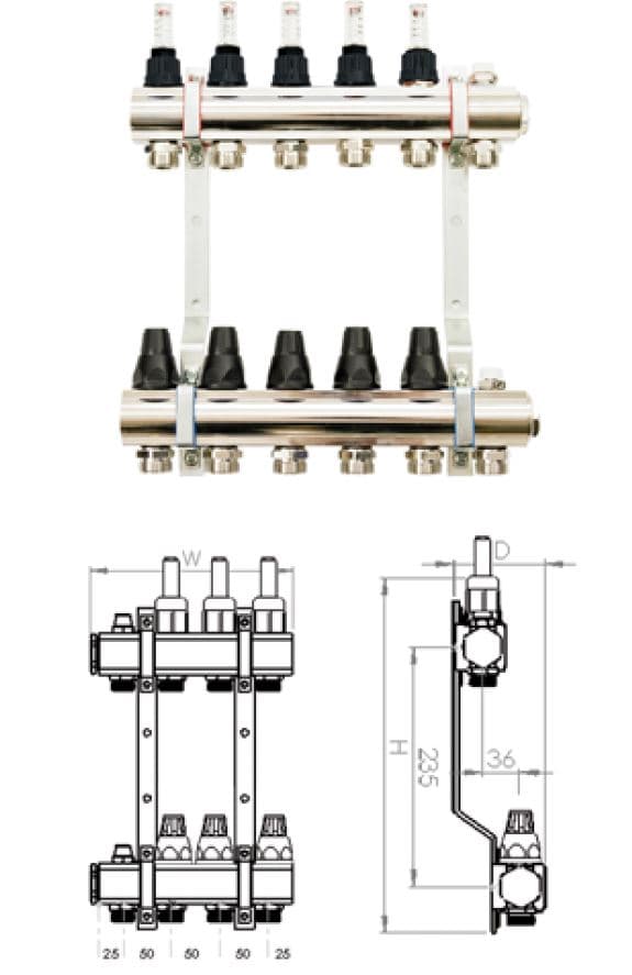 Sigma-Li messingfordeler med termostatventil og sensor 509x346x87mm - RMZTP-9