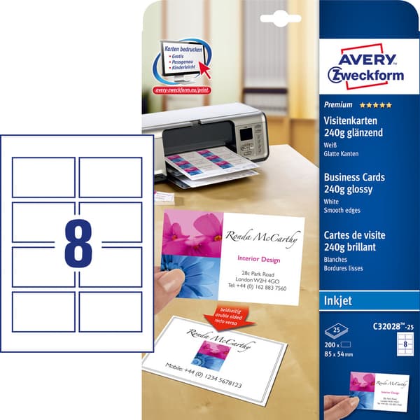 DOBBELTSIDEDE VISITKORT 85 X 54 MM AVERY QUICK&CLEAN 200 VISITKORT, HVID