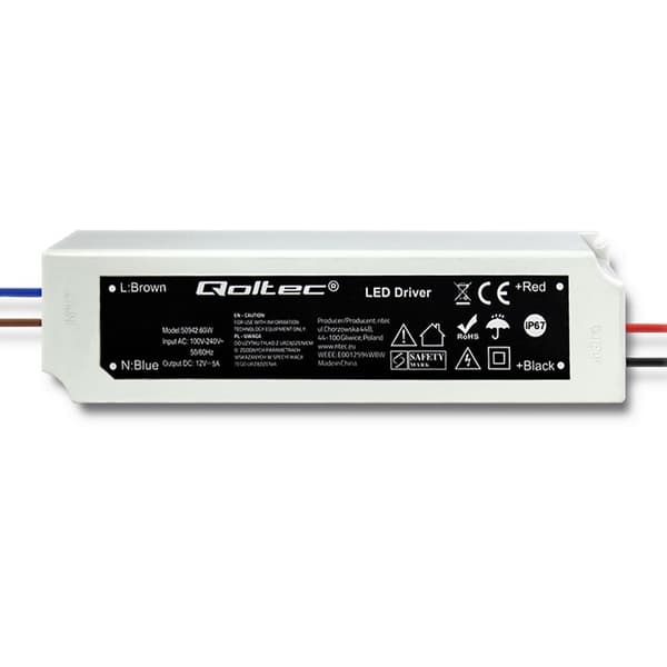 Qoltec IP67 LED-kytkentävirtalähde | 60W | 12V | 5A