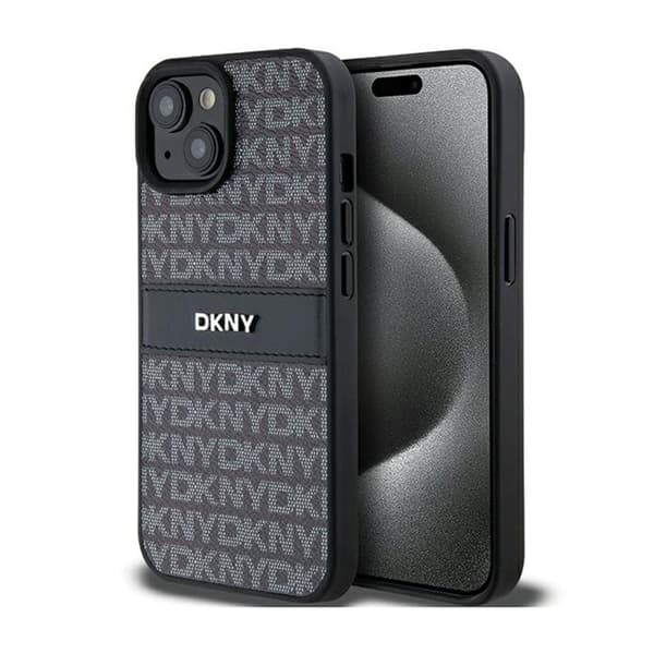DKNY DKHCP15SPRTHSLK iPhone 15 / 14 / 13 6.1\" sort/black hardcase Læder Mono Stripe & Metal Logo