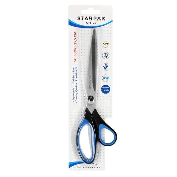 Sakset 25,4 cm kumitettu läpipainopakkaus. STARPAK
