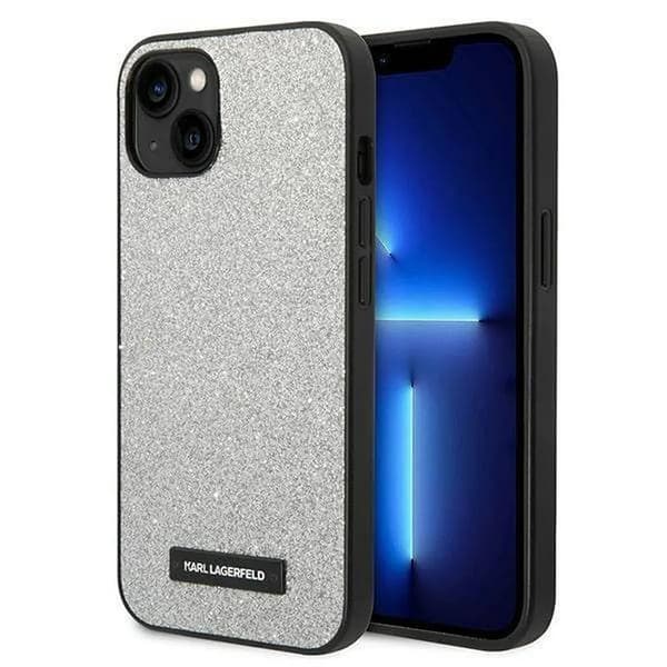 Originalt KARL LAGERFELD Hardcase KLHCP14MG2ELS til iPhone 14 PLUS (Solid Glitter Plaque Logo / sølv)