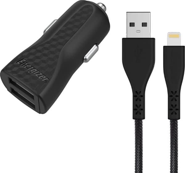 Energizer HardCase - Biloplader 2x USB-A 17W 3.4A + Lightning-kabel MFi-certificeret (sort)