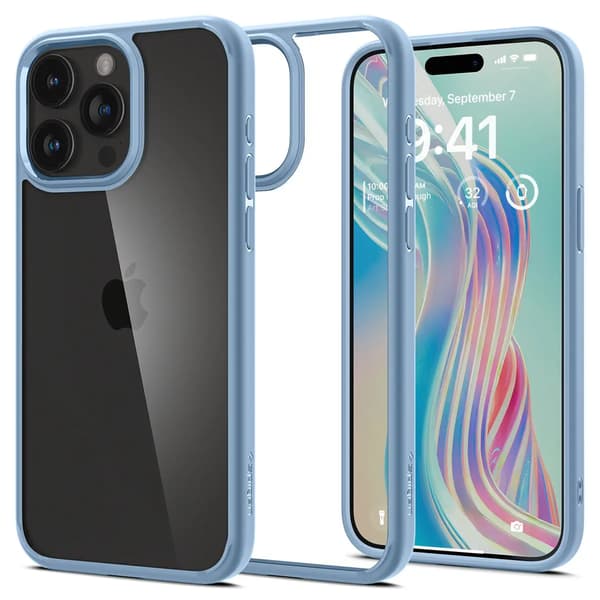 Spigen Crystal Hybrid Cover til iPhone 15 Pro Max – gennemsigtig og blå