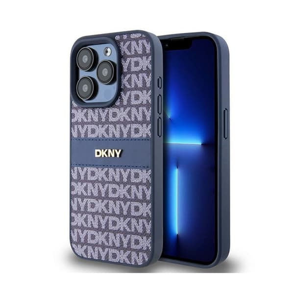 DKNY DKHCP15LPRTHSLB iPhone 15 Pro 6.1\" blå/blå hårdskal Läder Mono Stripe & Metall Logotyp