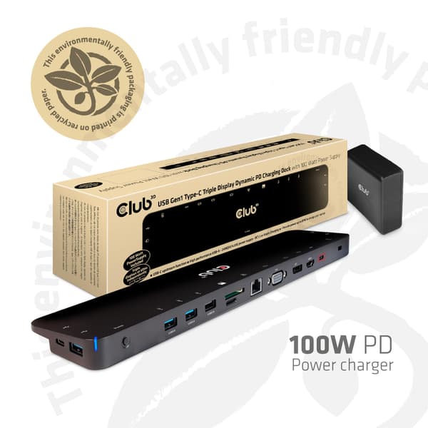 CLUB3D USB Typ C 3.2 Gen1 Trippel Display Dynamisk PD Laddningsdocka 100W PD Strömladdare