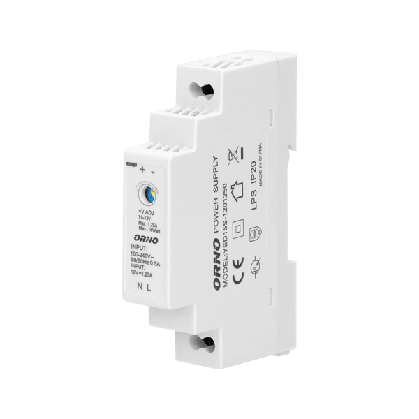 DIN-skinne strømforsyning 12VDC, 1.25A, 15W, bredde 1 modul