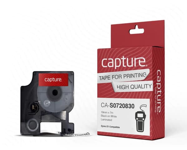 Capture 19 mm x 7 m svart på vit tejp