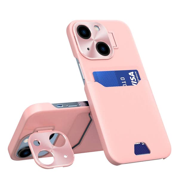 Læder Stand Cover til iPhone 14 Plus Kortpung Cover med Stander Pink