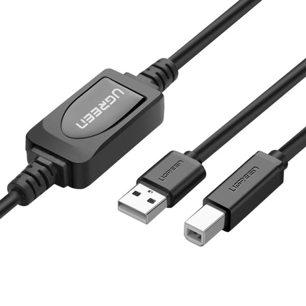 USB 2.0 A-B UGREEN US122 kabel, 15 m - sort