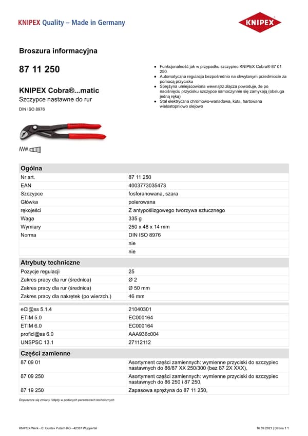 Knipex Cobra-putkipihdit 250mm (8711250)