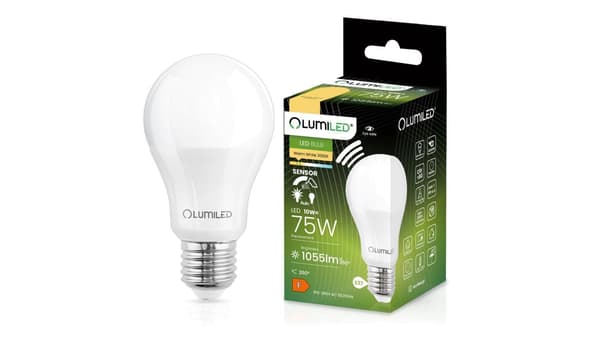 LED-lampa E27 A60 10W=75W 1055lm 3000K Värme 200 med LUMILED Rörelsesensor