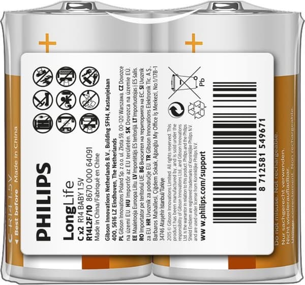Philips LongLife C/R14 Batteri 2 stk
