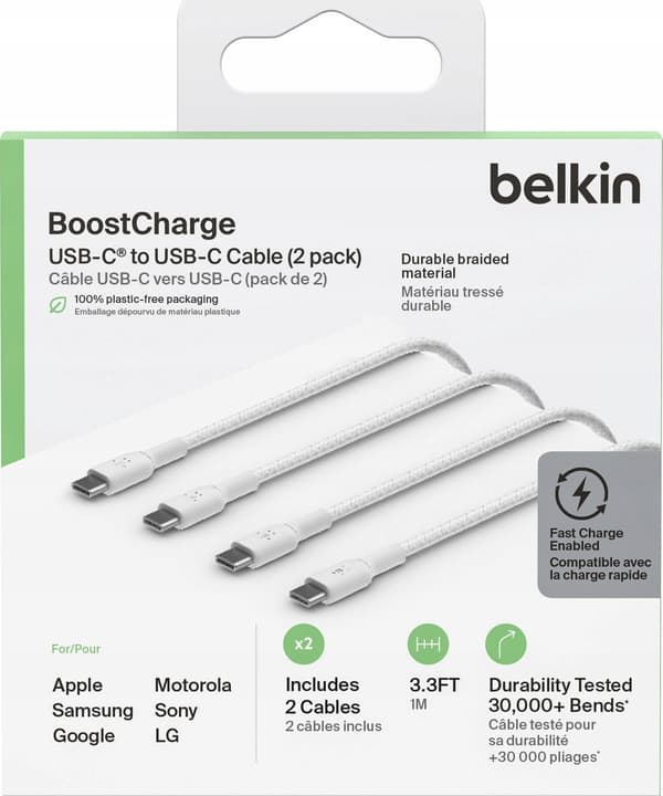 1x2 Belkin USB-C/USB-C 2.0 PVC 1m, 2-pack vit CAB003bt1MWH2PK