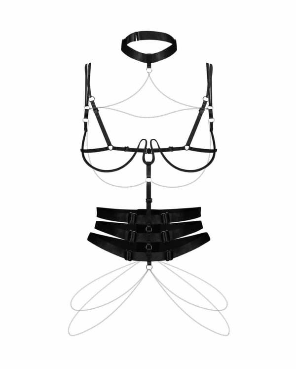 Obsessive Premisis Harness Sort - Justerbar Bodysuit med Sølvdetaljer S/M/L