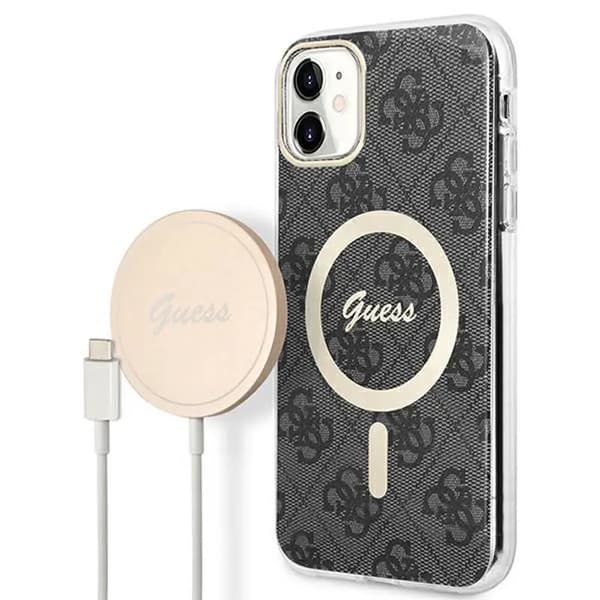 Originalt GUESS GUBPN61H4EACSK sæt til iPhone 11 (Bundle Pack / Kompatibel med Magsafe: Cover + Oplader / 4G / Guld - Sort)