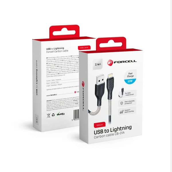 FORCELL Carbon kabel USB A til iPhone Lightning 8-pin 2,4A CB-01A sort 1 meter