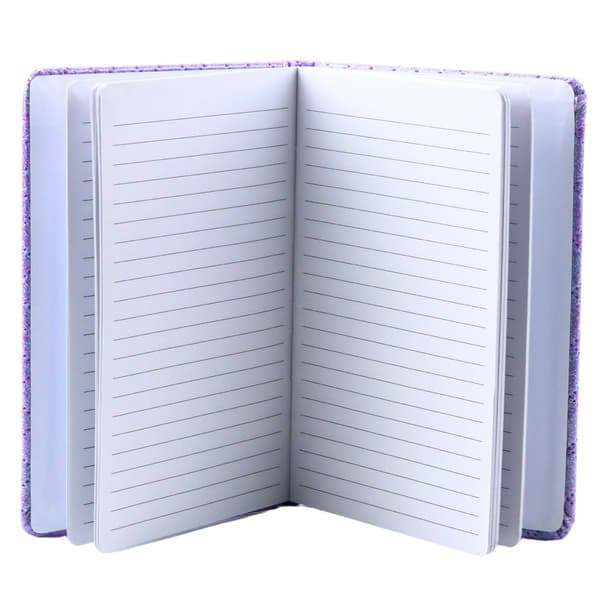 Linjeret notesbog med glimmer og lapper, lilla B6, 80 ark