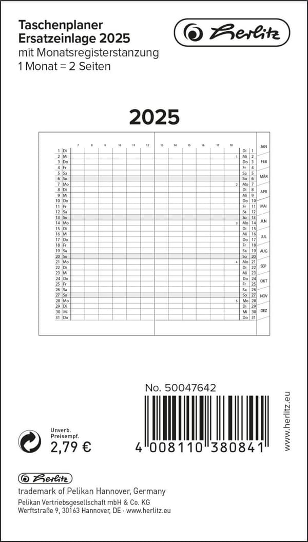 Herlitz Herlitz lommeplanlægger med månedlig registerudstansning hæftet