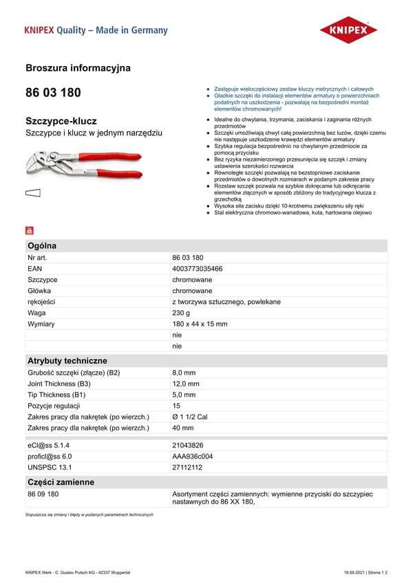 KNIPEX Pihtiavain muovipinnoitettu 180 mm
