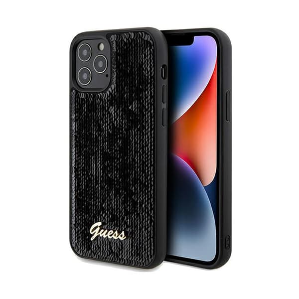 Original GUESS Hardcase GUHCP12MPSFDGSK för iPhone 12/12 Pro (Sequin Script Metal / svart)