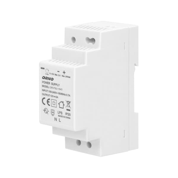 DIN-kiskovirtalähde 12VDC, 2A, 24W, leveys 2 moduulia
