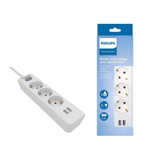 Philips STRØMFORGRENER PHILIPS STRØMSKINNE HVID 3 STIK 2XUSB 2M SPN3032WA/60