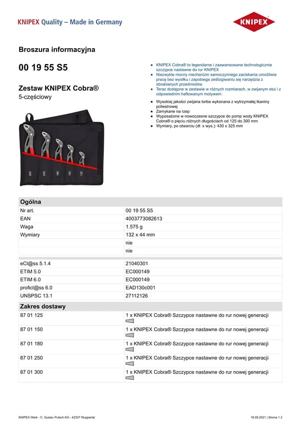 KNIPEX Cobra Kult Bag 5-osainen