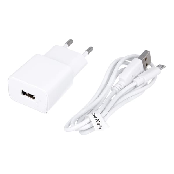 Maxlife netværksoplader MXTC-01 1x USB 1A hvid + microUSB-kabel