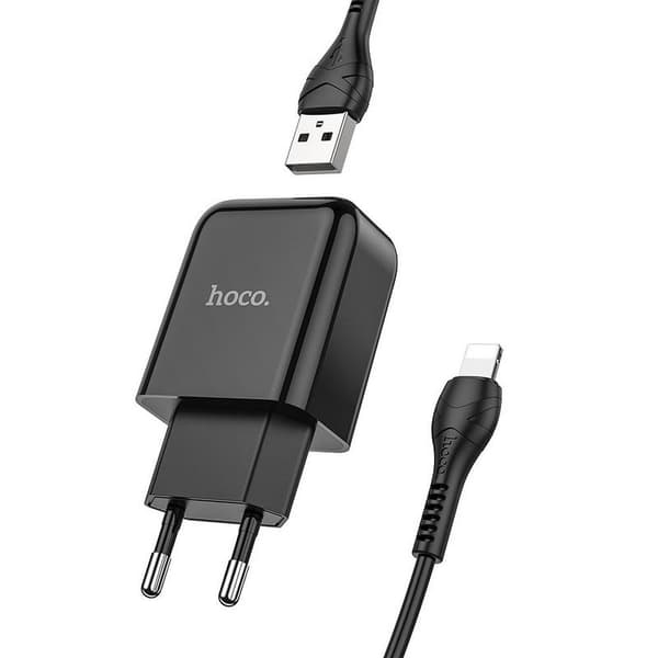HOCO USB A-vægoplader + USB A til Lightning-kabel 2,1A N2 sort