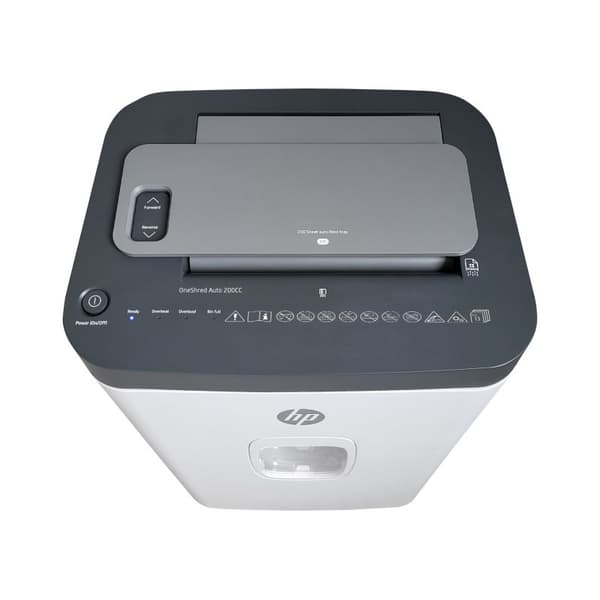 HP ONESHRED Auto 200CC Dokumentförstörare, vit och grå