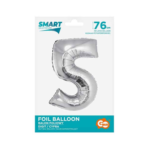 Folieballong Smart, Siffra 5, silver, 76 cm