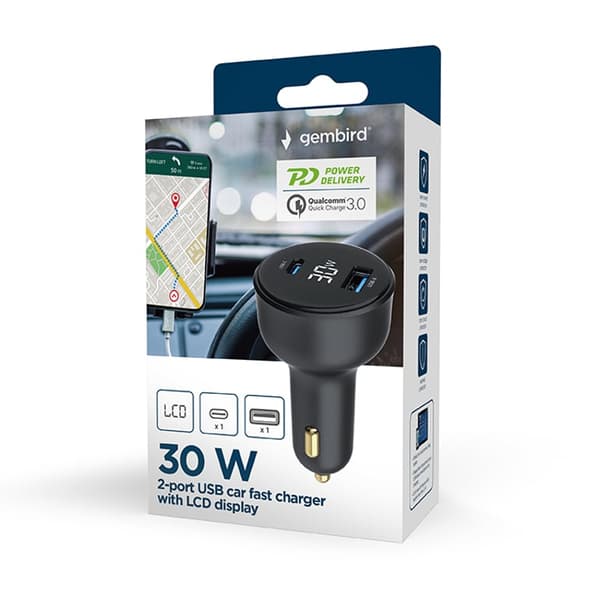 GEMBIRD Nopea autolaturi 2x USB Type-C PD LCD 30W Musta