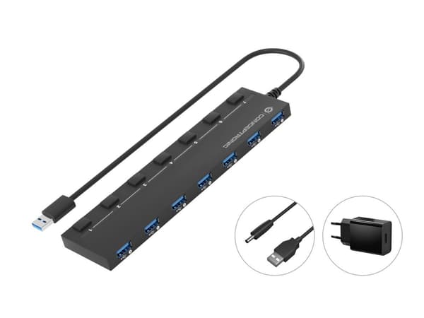 CONCEPTRONIC 7-Port 3.0 -> 7x3.0 USB Hub med sort strømforsyning