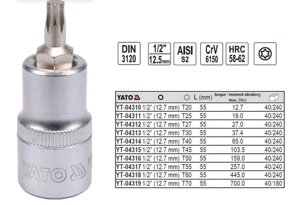 TORX DORN NØGLE 1/2\" T60 L55MM